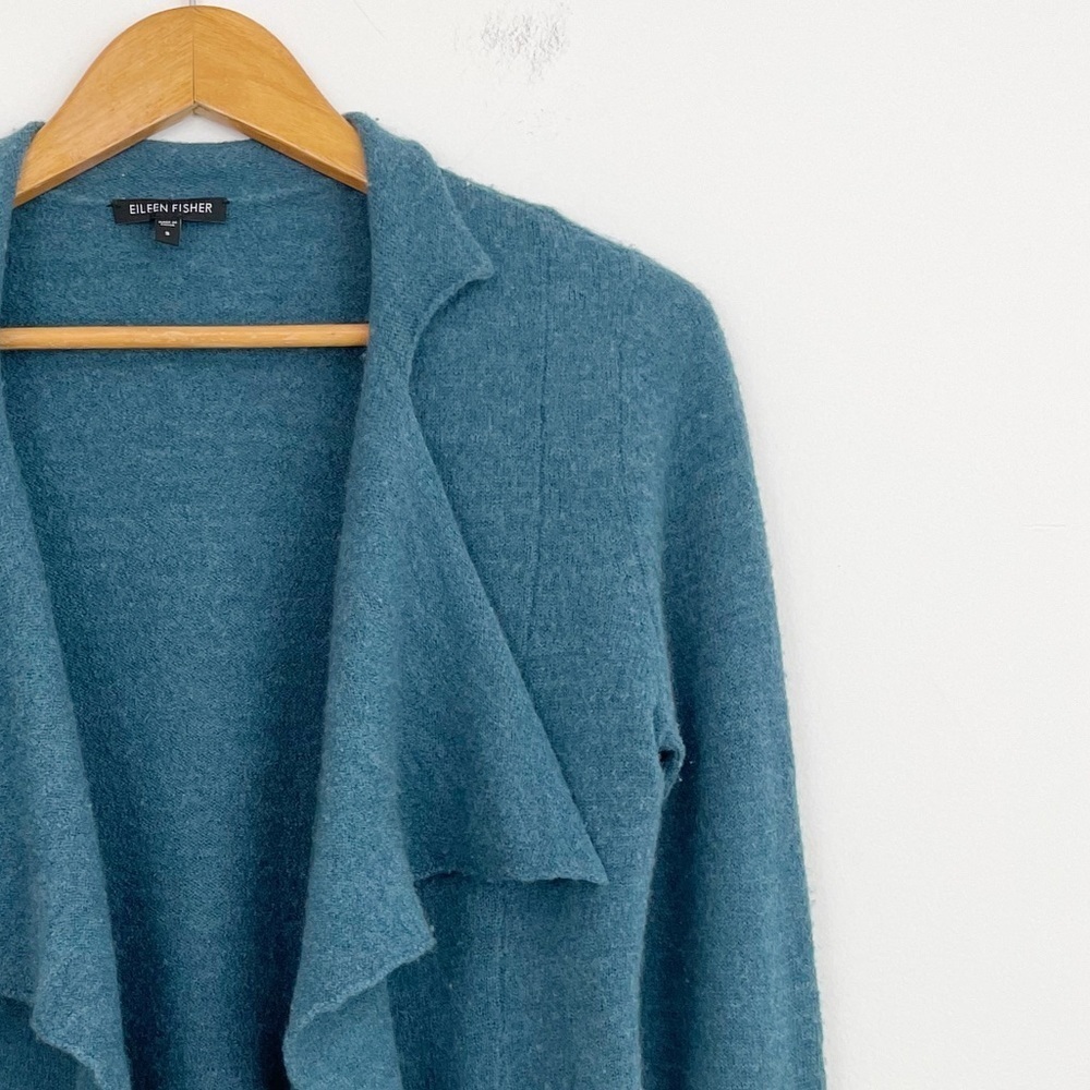 Eileen Fisher Merino Wool Teal Draped Open Front Long Sleeves Sweater Cardigan S - Picture 4 of 16